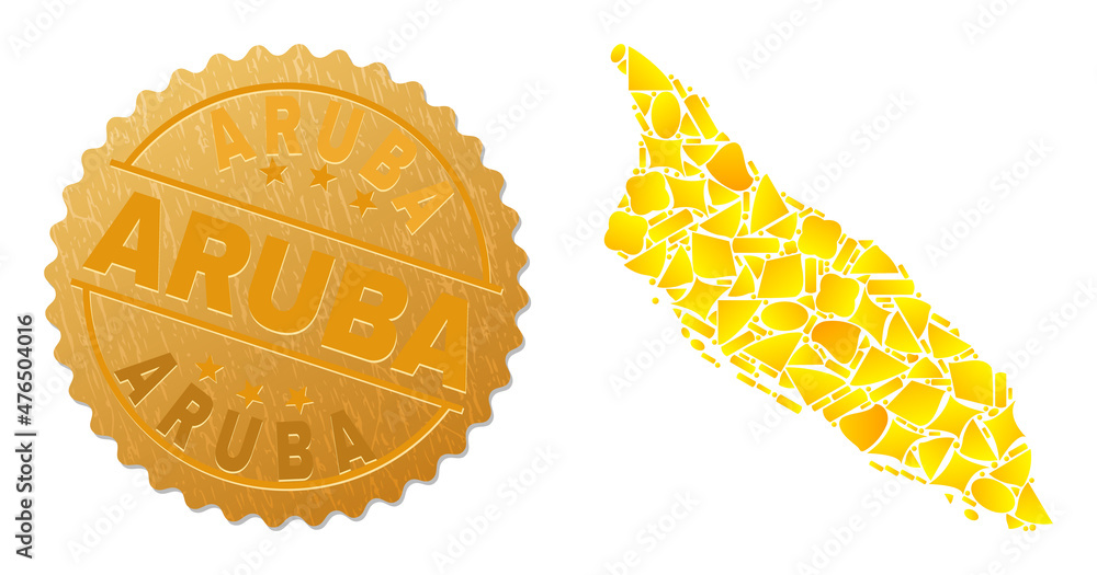 Golden combination of yellow elements for Aruba Island map, and golden