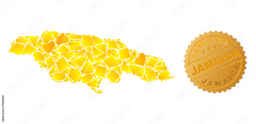 Golden composition of yellow for Jamaica map, and golden metallic Jamaica seal print. Jamaica ...
