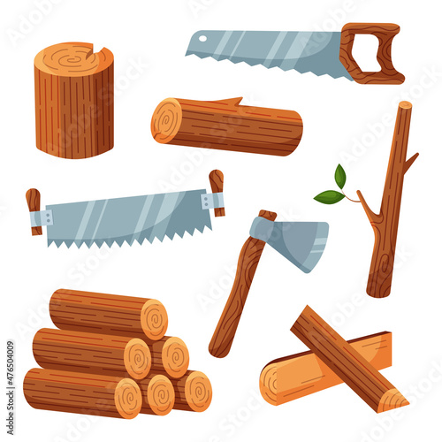 Set of lumber and tools for cutting wood. Collection include ax, hand saw, two-handed saw, wooden logs, stump, firewood and tree branch. Isolated vector illustration in cartoon flat style.