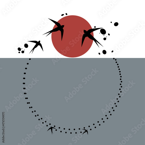 Round frame, flocks of swallows fly to sun, lightning-fast sun sets in sea. Japanese style pattern on trendy two-tone background. Vector illustration for design banner, invitation, congratulati