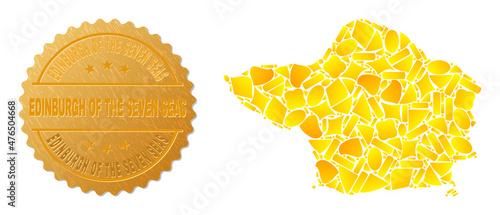 Golden mosaic of yellow spots for Faial Island map, and golden metallic Edinburgh of the Seven Seas seal. Faial Island map composition is created of randomized golden spots. photo