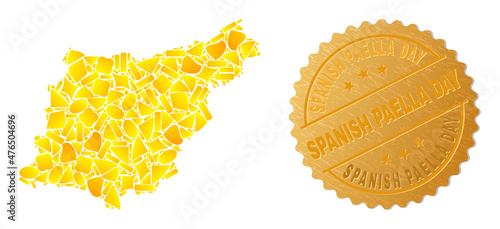 Golden collage of yellow elements for Gipuzkoa Province map, and golden metallic Spanish Paella Day seal. Gipuzkoa Province map mosaic is composed of scattered gold elements. photo
