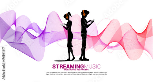 Vector silhouette man and woman with mobile phone and headphone and music sound wave . Concept background for song and concert theme.