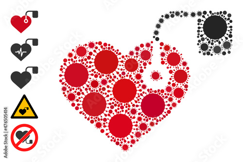 Heart pacemaker mosaic icon. Vector mosaic composed of scattered coronavirus icons. Covid-2019 collage heart pacemaker icon and bonus icons. Heart pacemaker mosaic for pandemic images.