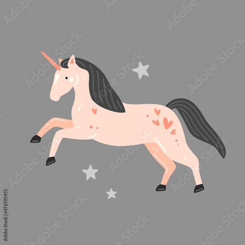 Cute pink unicorn with black mane in cartoon style. Vector flat illustration