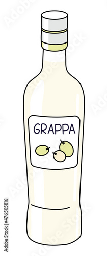 Classic Italian grappa in a bottle. Doodle cartoon hipster style vector illustration isolated on white background. Good for party card, posters, bar menu or alcohol cook book recipe.