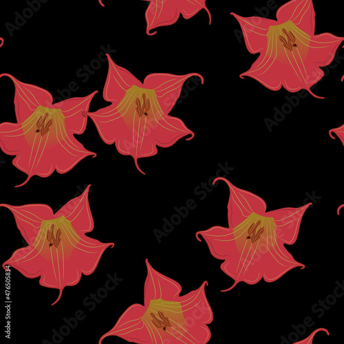 Seamless floral pattern with flowers of red datura. Brugmansia sanguinea. On black background.