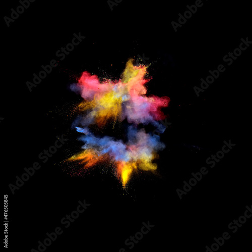 Multi colors of powder paint explode in front of a black background to give off fantastic abstract forms of powder paint. 