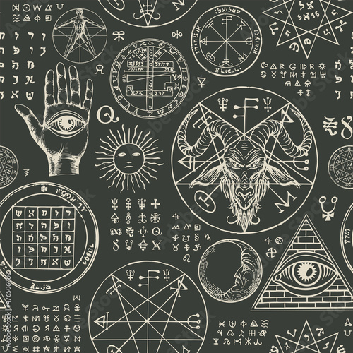 Occult seamless pattern with hand-drawn goat head, all-seeing eye, sun, moon, vitruvian man, satanic and esoteric symbols on a dark backdrop. Abstract monochrome vector background in retro style photo
