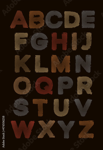Colored uppercase letters of the English alphabet with a striped texture. Vector set of capital bold Latin letters in retro style on a black background. Stylish and fashionable font design