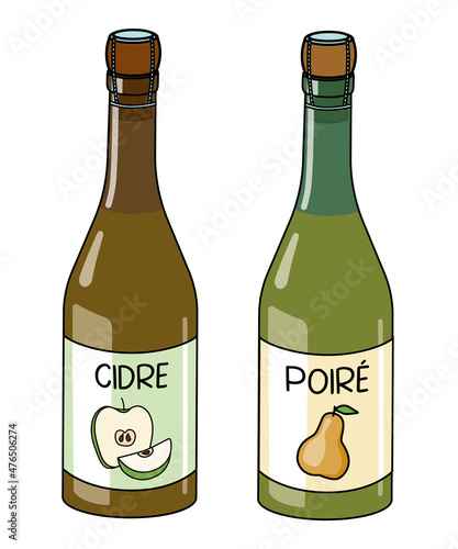 A couple of French cider bottles. Alcoholic beverage made of apple and pear. Doodle cartoon hipster style vector illustration isolated on white background. For party card, alcohol cook book recipe