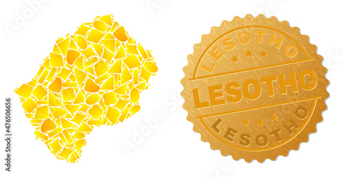 Golden collage of yellow parts for Lesotho map, and golden metallic Lesotho stamp. Lesotho map mosaic is constructed of randomized golden items. photo