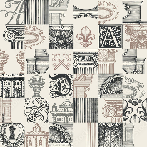 Abstract seamless pattern on theme of ancient architecture and art. Hand-drawn vector background in vintage style with architectural fragments. Suitable for wallpaper, wrapping paper or fabric design