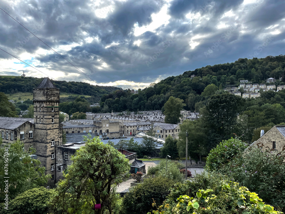 Heavy thunder clouds over the centre of, Hebden Bridge, Yorkshire, UK