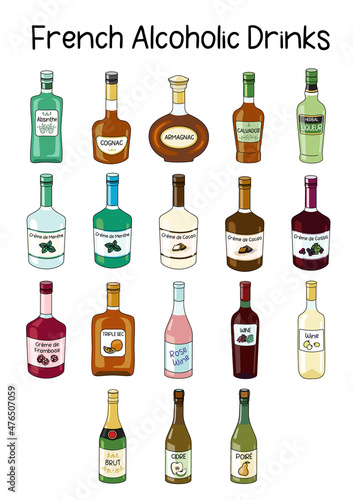 Collection set of classic French Alcoholic Drinks. Doodle cartoon hipster style vector A4 A3 poster size illustration isolated on white background. For party card, bar menu, alcohol cook book recipe
