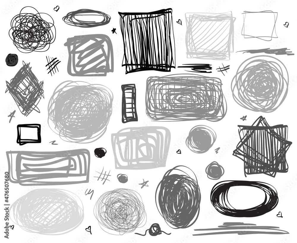 Grunge geometric signs on isolated background. Big set on white. Hand drawn simple tangled symbols. Chaotic doodles for design. Line art. Abstract circles, ovals and rectangle frames