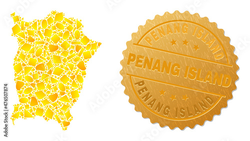 Golden composition of yellow particles for Penang Island map, and golden metallic Penang Island stamp seal. Penang Island map composition is made with randomized golden parts.