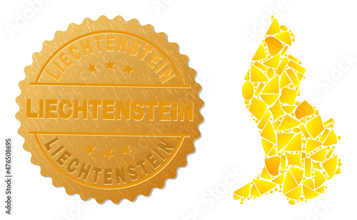 Golden combination of yellow spots for Liechtenstein map, and golden metallic Liechtenstein stamp seal. Liechtenstein map composition is constructed of random golden particles.