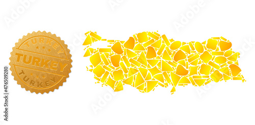 Golden collage of yellow elements for Turkey map, and golden metallic Turkey seal. Turkey map collage is made of randomized golden.