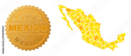Golden collage of yellow items for Mexico map, and gold metallic Mexico seal imitation. Mexico map collage is designed of randomized gold parts.