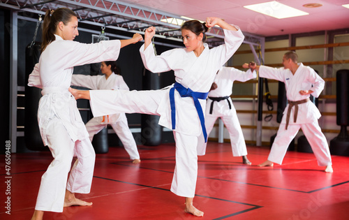 Hispanic and caucasian women exercising fight moves during karate training. Men sparring in background.