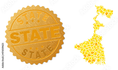 Golden mosaic of yellow for West Bengal State map, and golden metallic State stamp. West Bengal State map mosaic is designed of scattered golden.