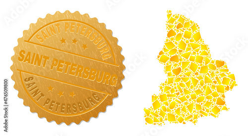 Golden mosaic of yellow fractions for Sverdlovsk Region map, and golden metallic Saint Petersburg seal. Sverdlovsk Region map mosaic is formed of scattered golden items.