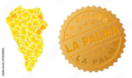 Golden combination of yellow fractions for La Palma Island map, and golden metallic La Palma seal. La Palma Island map collage is formed of randomized gold items.