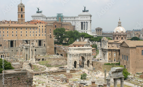 Rome, Italy, July 18, 2018: The Roman Forum from above Looking down at the Ruins of Ancient Rome and the Classical Architecture and the main Structures as a Cityscape