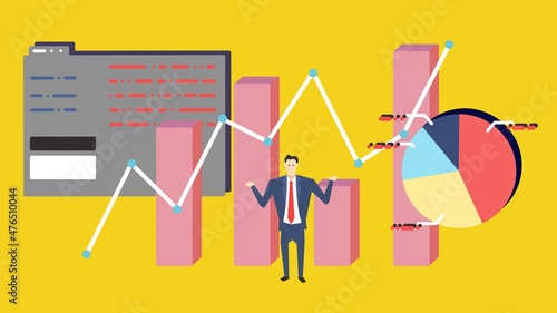インターネットの情報、棒グラフ、円グラフ、チャートに囲まれて説明するビジネスマン（黄）　Yellow background of businessmen explaining internet information, bar charts, pie charts, charts