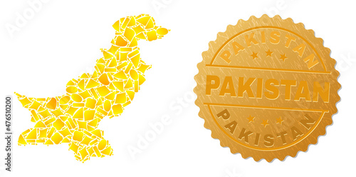 Golden composition of yellow fractions for Pakistan map, and golden metallic Pakistan seal. Pakistan map composition is composed of scattered golden items.