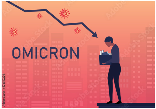 Omicron economic downturn, depressed man was fired from job. Unemployment, economic crisis, economic downturn, jobless, lay off concept from covid-19 vector illustration