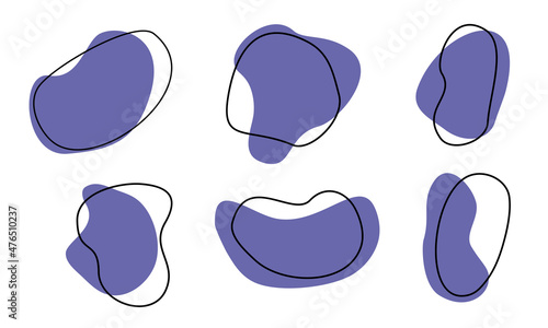 Abstract vector blobs set. Modern very peri color stains collection for contemporary 2022 design. Random purple rock shapes with black outline. Vector elements in minimalist style. Decorative bubbles