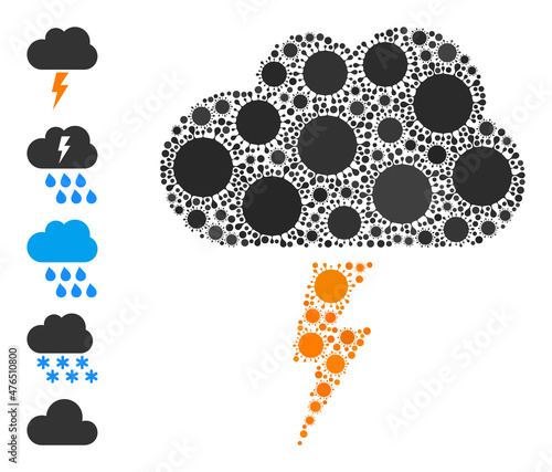Thunderstorm cloud mosaic icon. Vector mosaic is done from scattered Covid-2019 icons. Covid mosaic thunderstorm cloud icon, and more icons. Thunderstorm cloud mosaic for isolation templates.