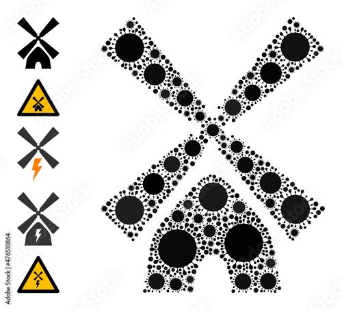 Tower mill mosaic icon. Vector mosaic done with scattered coronavirus items. Viral mosaic tower mill icon and bonus icons. Tower mill mosaic for pandemic images.