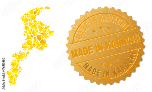 Golden composition of yellow elements for Khyber Pakhtunkhwa Province map, and gold metallic Made in Karachi seal. Khyber Pakhtunkhwa Province map composition is made of scattered golden spots. photo