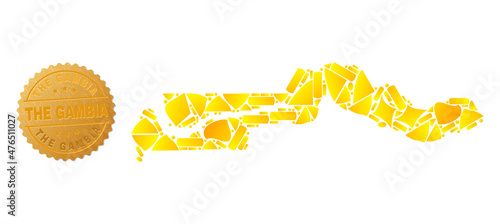 Golden collage of yellow spots for the Gambia map, and gold metallic The Gambia seal. The Gambia map collage is designed with random gold.