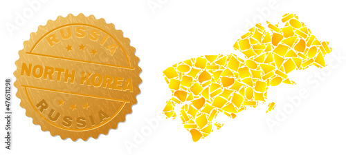 Golden mosaic of yellow spots for Shikotan Island map, and golden metallic Russia North Korea watermark. Shikotan Island map mosaic is organized of scattered gold elements. photo