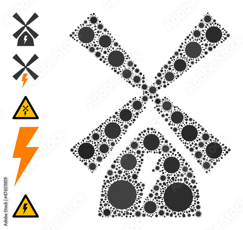 Wind power plant mosaic icon. Vector mosaic is formed of randomized virus cell items. Virus cell collage wind power plant icon and similar icons. Wind power plant mosaic for pandemic templates.
