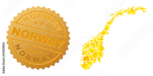 Golden mosaic of yellow items for Norway map, and golden metallic Norway seal imitation. Norway map collage is composed from randomized golden items.