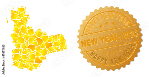 Golden collage of yellow spots for Valladolid Province map, and gold metallic Happy New Year New Year 2021 seal imitation. Valladolid Province map composition is composed of random gold spots. photo