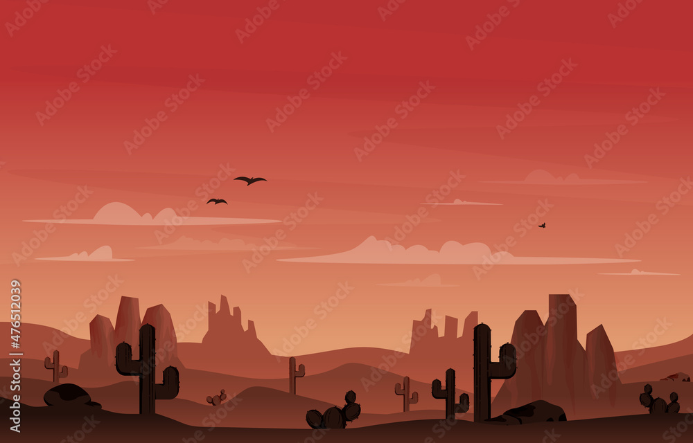 Fototapeta premium Texas California Mexico Desert Country Cactus Travel Vector Flat Design Illustration