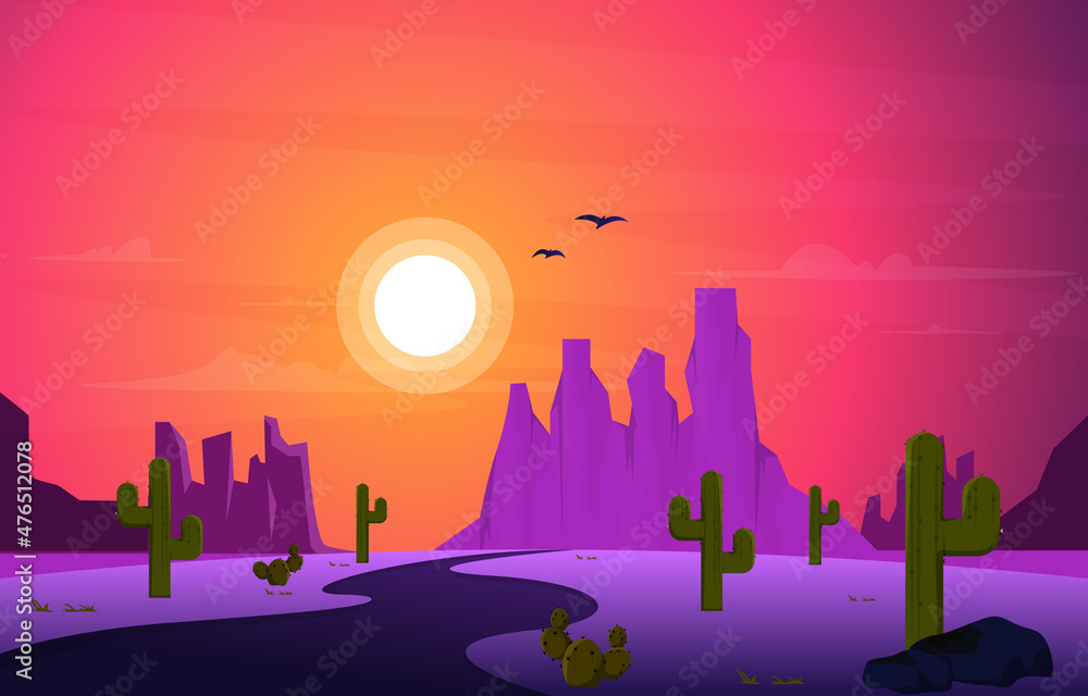 Road Street Desert Country Cactus Travel Vector Flat Design Illustration