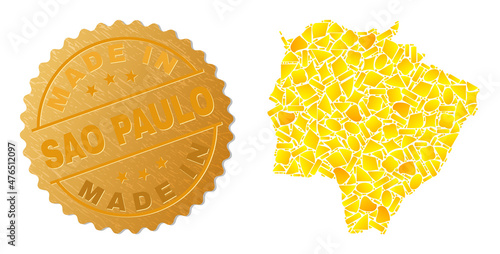 Golden combination of yellow for Mato Grosso do Sul State map, and golden metallic Made In Sao Paulo seal. Mato Grosso do Sul State map composition is made from scattered golden elements.