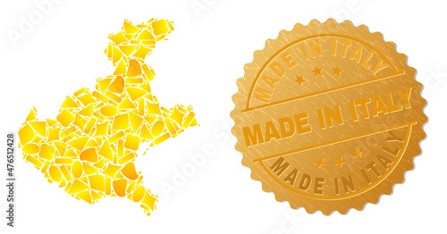 Golden combination of yellow for Veneto region map, and golden metallic Made in Italy stamp. Veneto region map mosaic is designed of random golden.