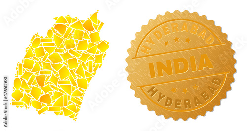 Golden mosaic of yellow for Manipur State map, and golden metallic Hyderabad India badge. Manipur State map collage is designed of randomized gold parts.