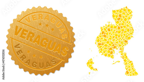 Golden collage of yellow spots for Veraguas Province map, and golden metallic Veraguas watermark. Veraguas Province map collage is designed of scattered golden items. photo