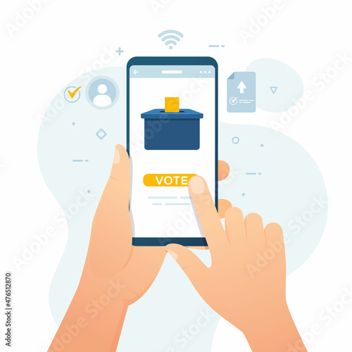 Hand holding smartphone with online voting system for election vector illustration