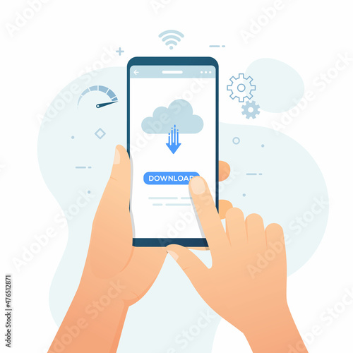 Hand holding smartphone with cloud and download button vector illustration