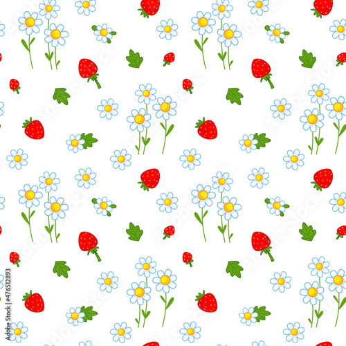 Seamless pattern with cute strawberries and white chamomile flowers. Spring flowers. Vector illustration of berries in a minimalistic flat style, hand-drawn. Print for textiles.